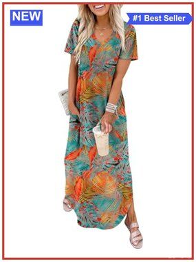 Women's Casual Maxi Dress with Pockets Short Sleeve V-Neck Summer Beach